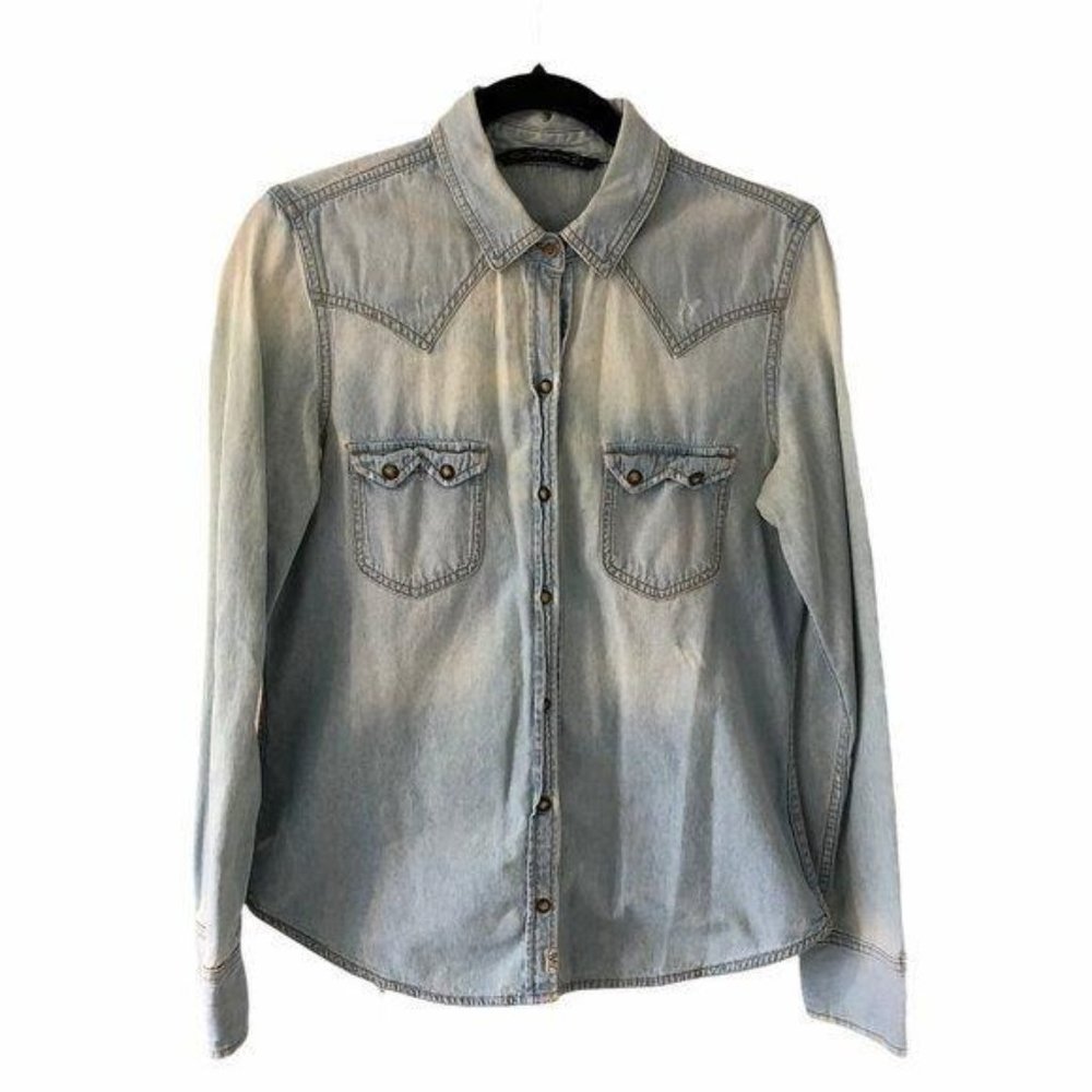 Zara Faded Denim Western Button Front Blouse Large